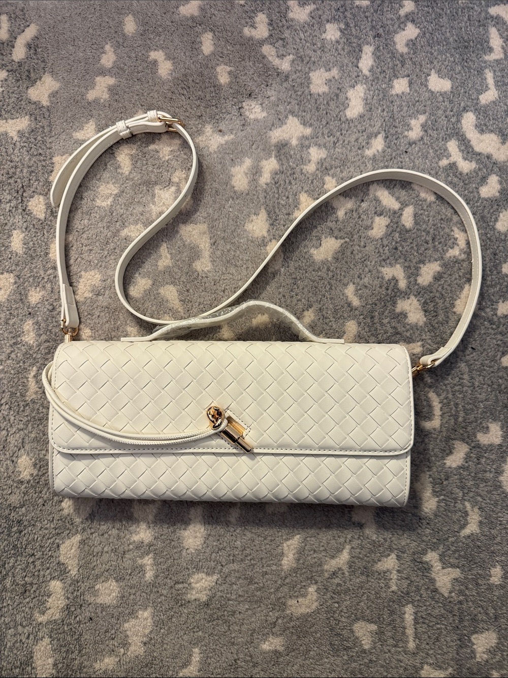 New Woven Leather Crossbody Clutch in White with Gold Accent